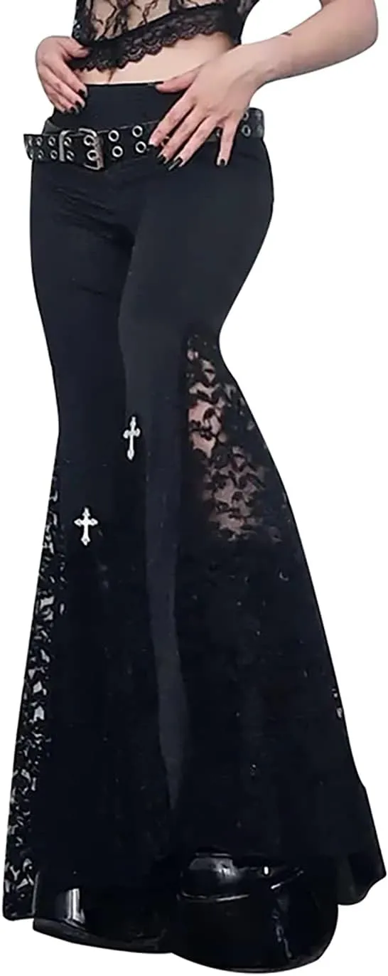 Womens Hollow Out Bell Bottom Cross Pendant Flared Pants Goth Punk Stretch Hippie Pants Bootcut Trousers