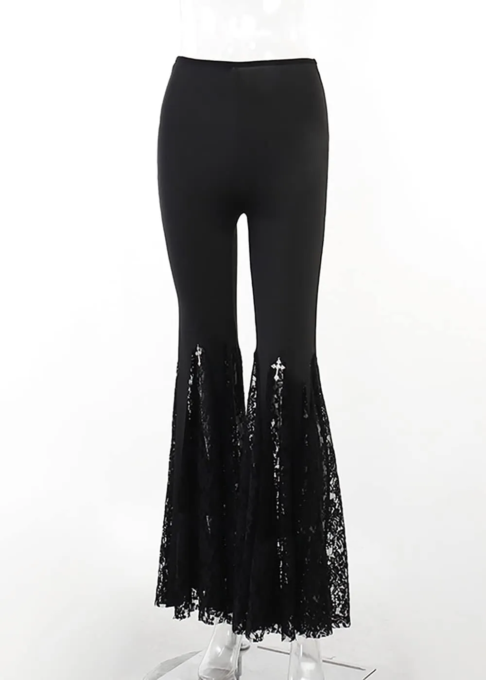 Womens Hollow Out Bell Bottom Cross Pendant Flared Pants Goth Punk Stretch Hippie Pants Bootcut Trousers