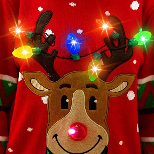 Womens LED Light Up Reindeer Ugly Christmas Sweater Built-in Light Bulbs (Red, Medium)
