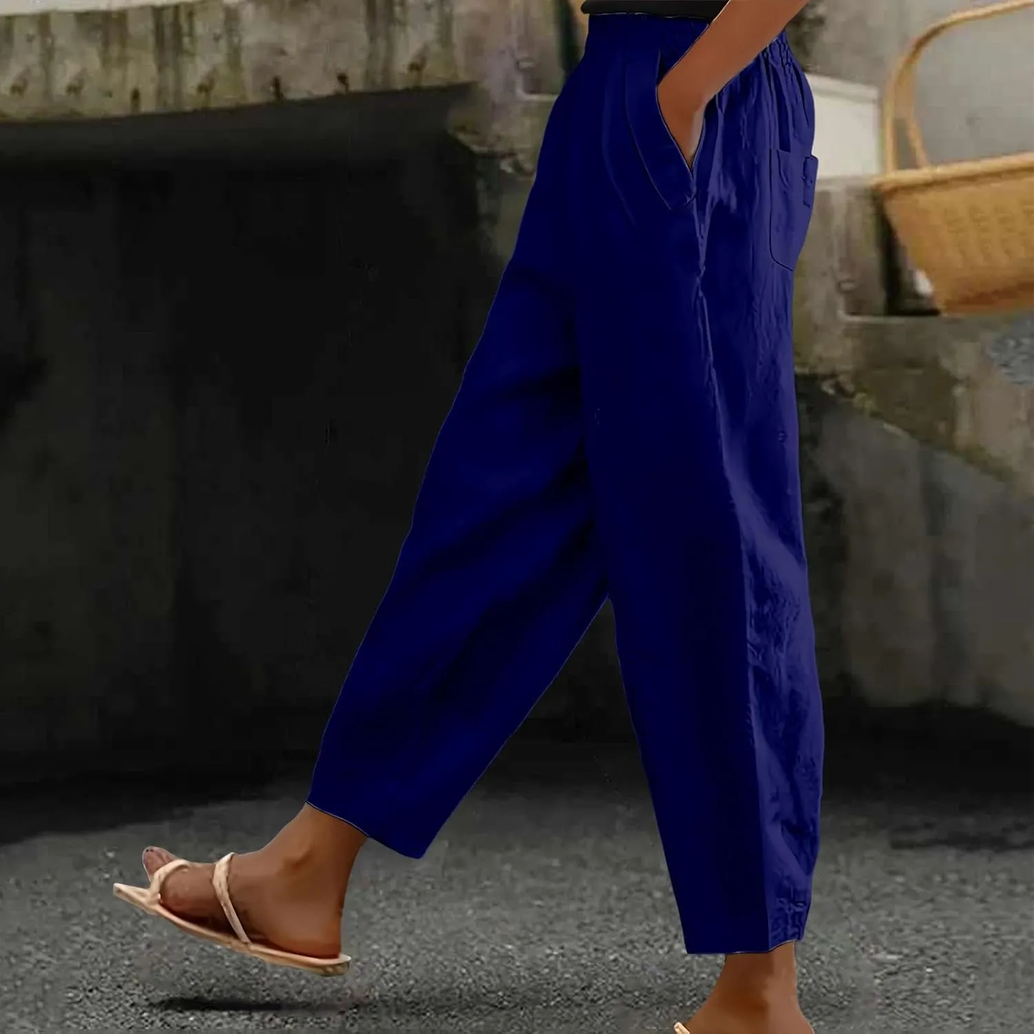 Women's Linen Boho Pants Loose Elastic Waist Wide Leg Lounge Harem Pants Summer Casual Beach Travel Vacation Trousers