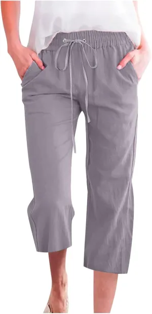 Womens Linen Capri Pants 2024 Summer Casual High Waist Drawstring Elastic Loose Soft Pockets Wide Leg Cropped Trousers, Large, Style A-grey