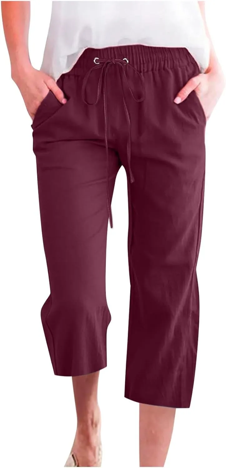 Womens Linen Capri Pants 2024 Summer Casual High Waist Drawstring Elastic Loose Soft Pockets Wide Leg Cropped Trousers, Large, Style A-wine