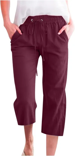 Womens Linen Capri Pants 2024 Summer Casual High Waist Drawstring Elastic Loose Soft Pockets Wide Leg Cropped Trousers, Large, Style A-wine