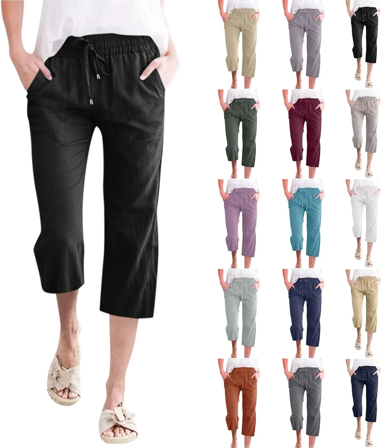 Womens Linen Capri Pants 2024 Summer Casual High Waist Drawstring Elastic Loose Soft Pockets Wide Leg Cropped Trousers, Medium, Style A-black