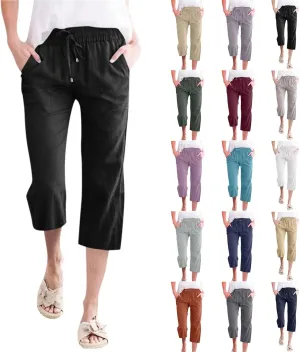 Womens Linen Capri Pants 2024 Summer Casual High Waist Drawstring Elastic Loose Soft Pockets Wide Leg Cropped Trousers, Medium, Style A-black