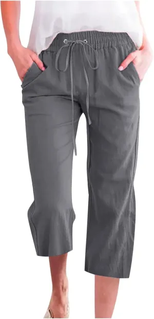 Womens Linen Capri Pants 2024 Summer Casual High Waist Drawstring Elastic Loose Soft Pockets Wide Leg Cropped Trousers, Medium, Style A-dark Gray