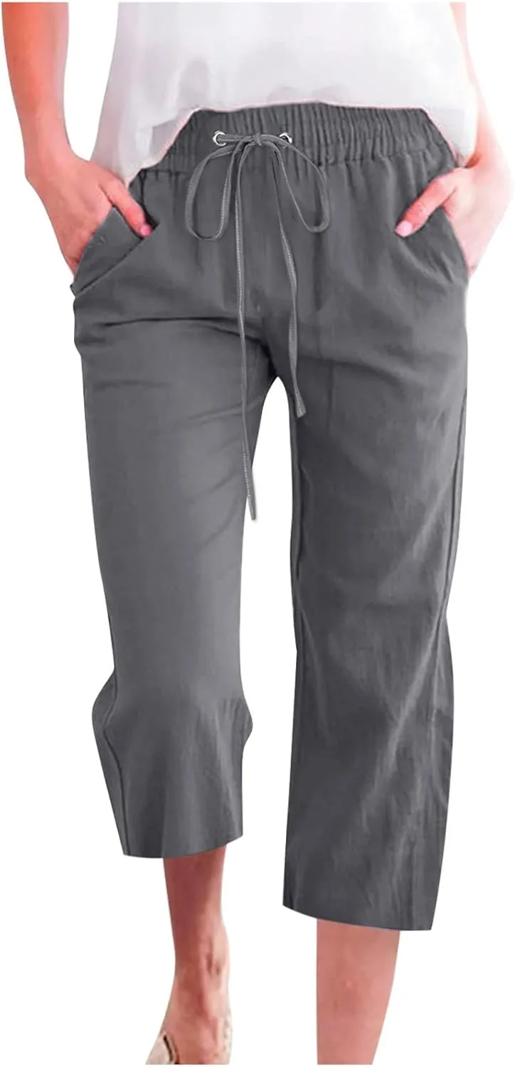Womens Linen Capri Pants 2024 Summer Casual High Waist Drawstring Elastic Loose Soft Pockets Wide Leg Cropped Trousers, Medium, Style A-dark Gray