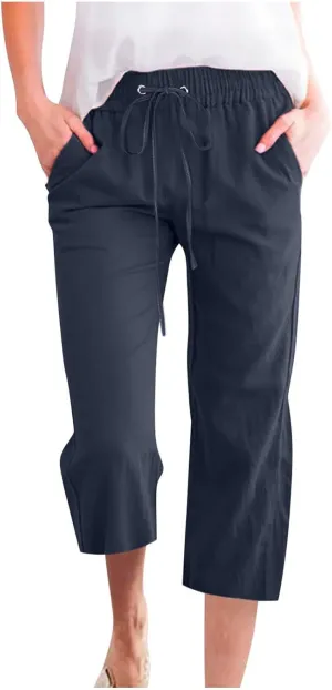 Womens Linen Capri Pants 2024 Summer Casual High Waist Drawstring Elastic Loose Soft Pockets Wide Leg Cropped Trousers, Medium, Style A-deep Navy
