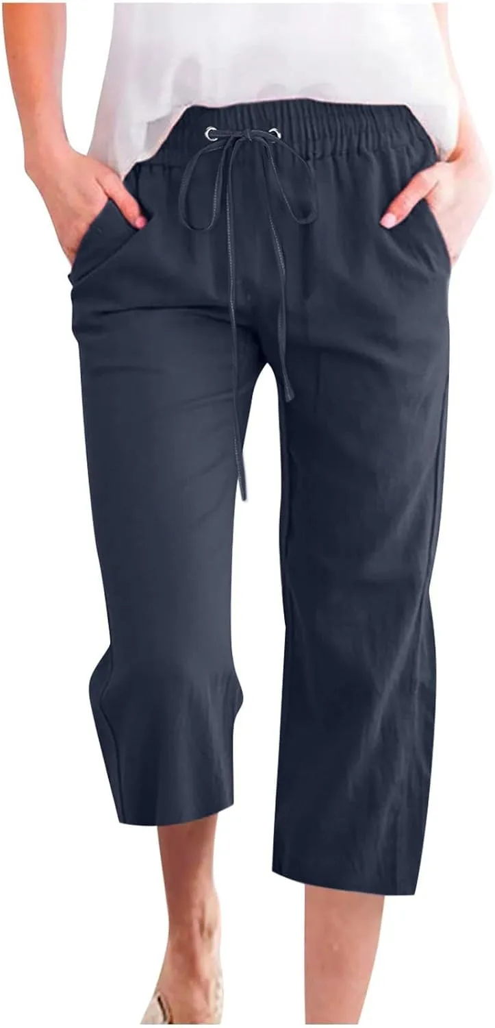 Womens Linen Capri Pants 2024 Summer Casual High Waist Drawstring Elastic Loose Soft Pockets Wide Leg Cropped Trousers, Medium, Style A-deep Navy