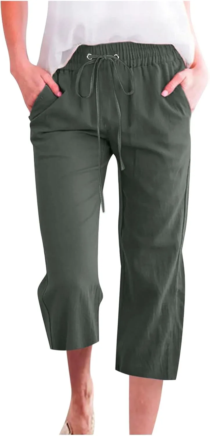 Womens Linen Capri Pants 2024 Summer Casual High Waist Drawstring Elastic Loose Soft Pockets Wide Leg Cropped Trousers, Small, Style A-ag