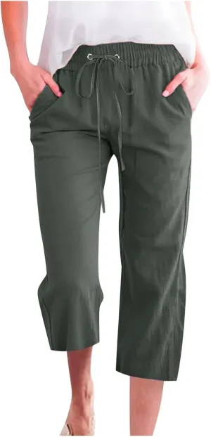 Womens Linen Capri Pants 2024 Summer Casual High Waist Drawstring Elastic Loose Soft Pockets Wide Leg Cropped Trousers, Small, Style A-ag
