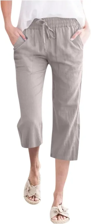 Womens Linen Capri Pants 2024 Summer Casual High Waist Drawstring Elastic Loose Soft Pockets Wide Leg Cropped Trousers, X-Large, Style A-light Grey