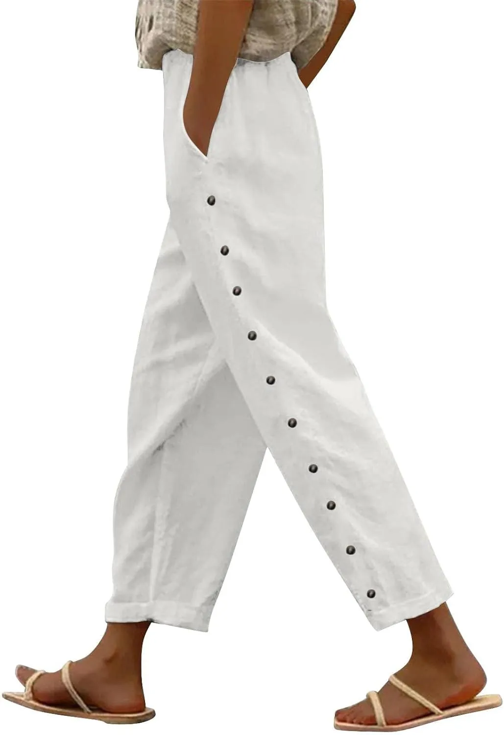 Women's Linen Casual Pants Striped Side Button Elastic Waist Trendy Pants Straight Leg Baggy Trousers with Pockets