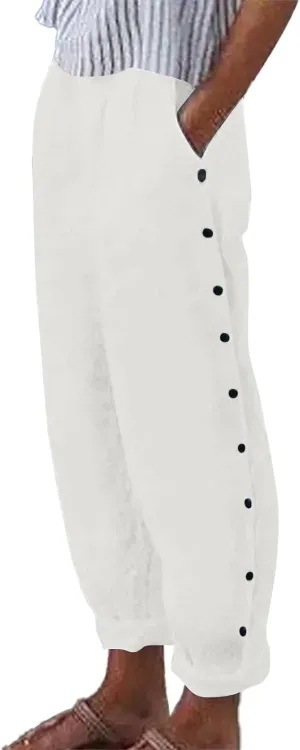 Women's Linen Casual Pants Striped Side Button Elastic Waist Trendy Pants Straight Leg Baggy Trousers with Pockets