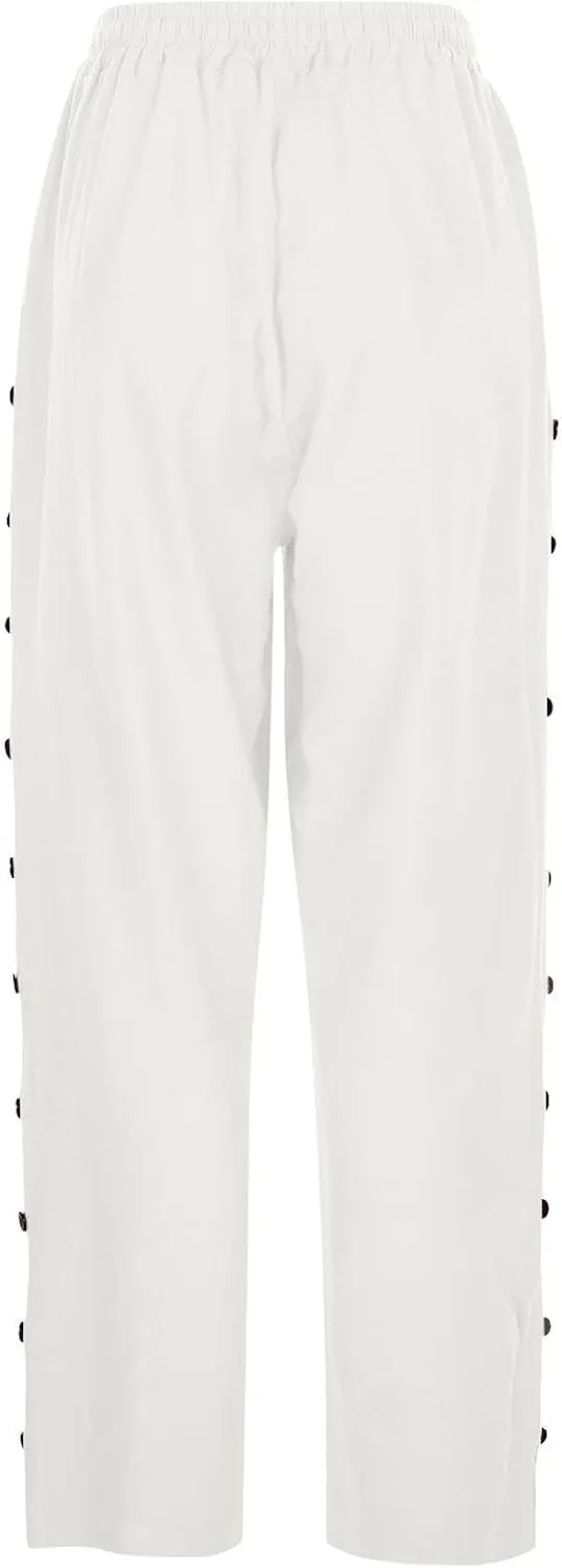 Women's Linen Casual Pants Striped Side Button Elastic Waist Trendy Pants Straight Leg Baggy Trousers with Pockets