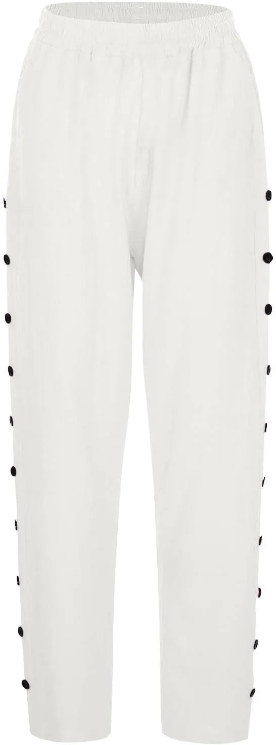 Women's Linen Casual Pants Striped Side Button Elastic Waist Trendy Pants Straight Leg Baggy Trousers with Pockets