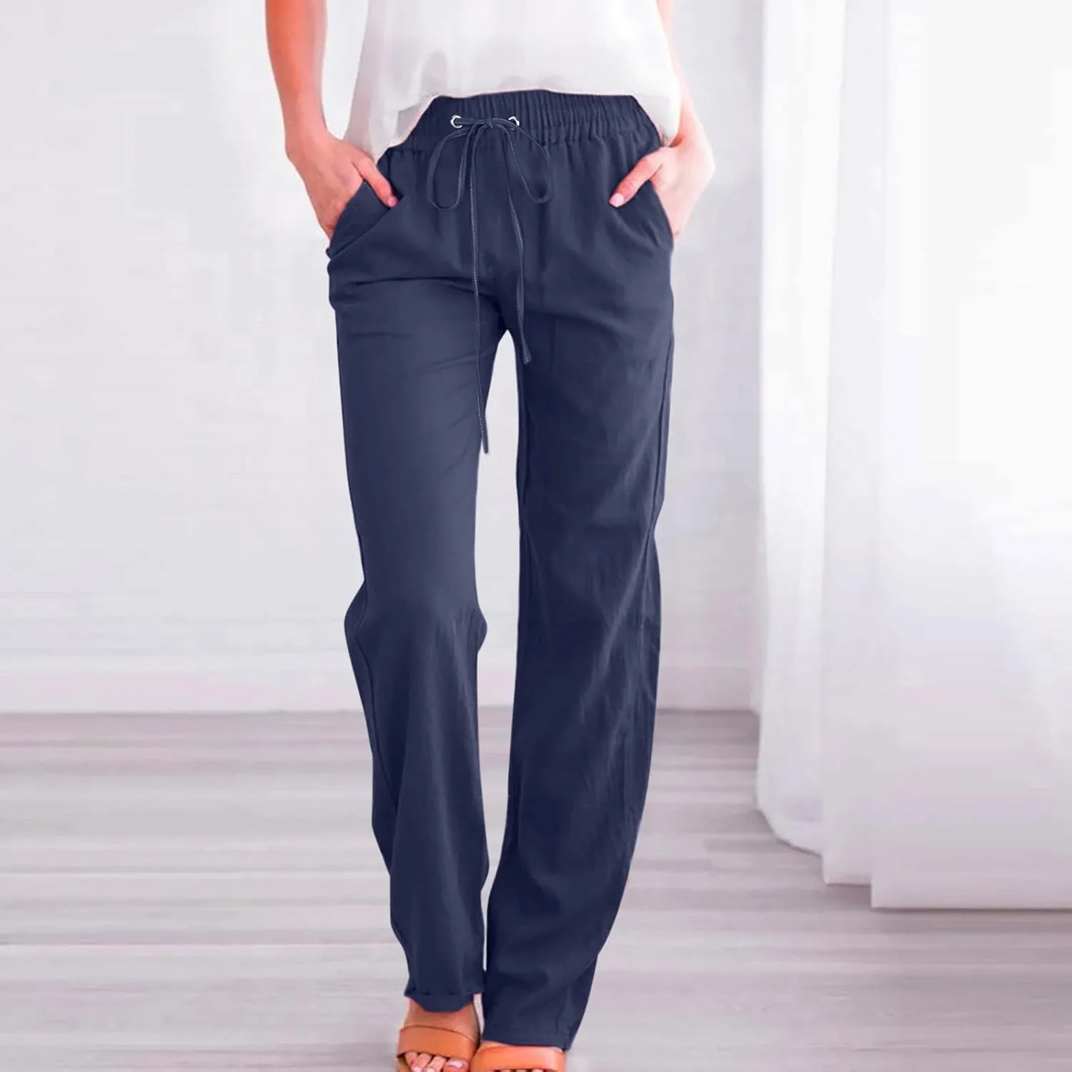 Womens Linen Pants Comfy Soft Long Pants 2025 Summer Casual Boho Pants High Waist Lounge Beach Trousers with Pockets