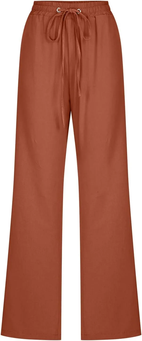 Womens Linen Pants Comfy Soft Long Pants 2025 Summer Casual Boho Pants High Waist Lounge Beach Trousers with Pockets
