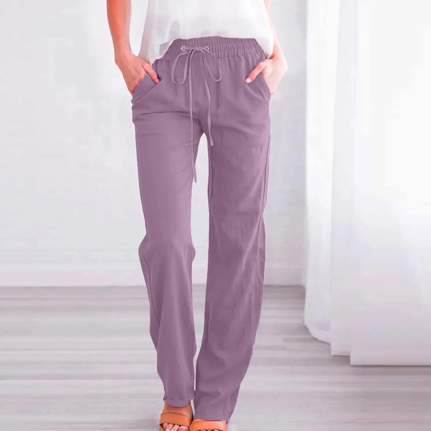 Womens Linen Pants Comfy Soft Long Pants 2025 Summer Casual Boho Pants High Waist Lounge Beach Trousers with Pockets