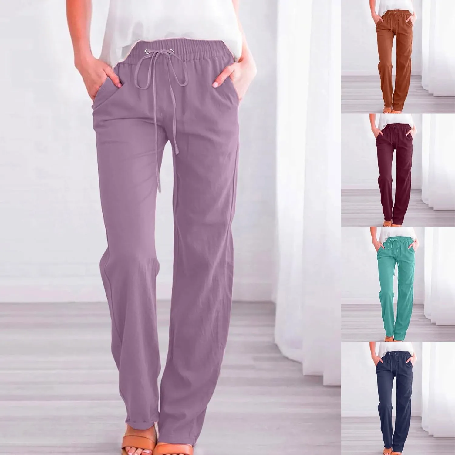 Womens Linen Pants Comfy Soft Long Pants 2025 Summer Casual Boho Pants High Waist Lounge Beach Trousers with Pockets