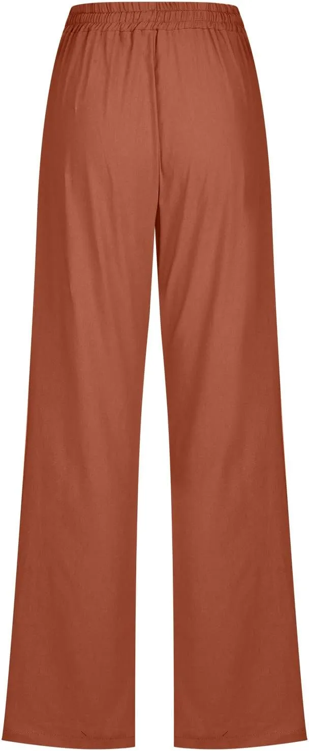 Womens Linen Pants Comfy Soft Long Pants 2025 Summer Casual Boho Pants High Waist Lounge Beach Trousers with Pockets