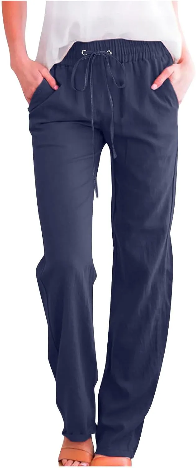 Womens Linen Pants Comfy Soft Long Pants 2025 Summer Casual Boho Pants High Waist Lounge Beach Trousers with Pockets