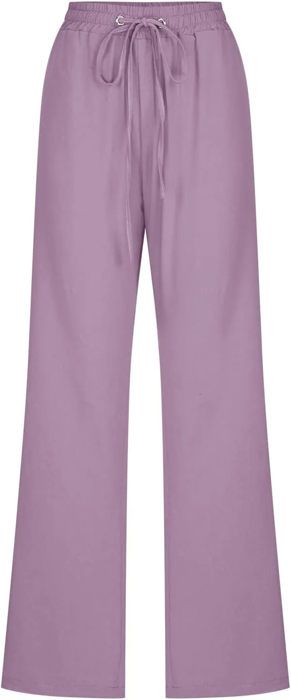 Womens Linen Pants Comfy Soft Long Pants 2025 Summer Casual Boho Pants High Waist Lounge Beach Trousers with Pockets