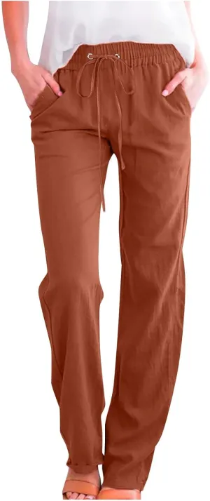 Womens Linen Pants Comfy Soft Long Pants 2025 Summer Casual Boho Pants High Waist Lounge Beach Trousers with Pockets