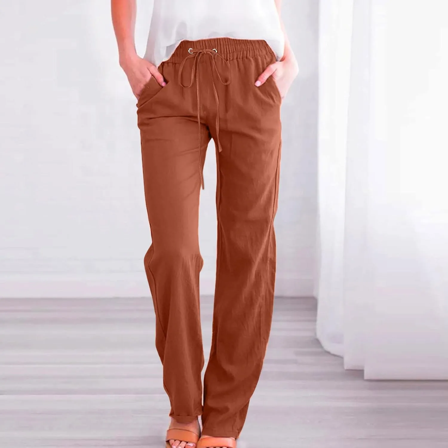 Womens Linen Pants Comfy Soft Long Pants 2025 Summer Casual Boho Pants High Waist Lounge Beach Trousers with Pockets