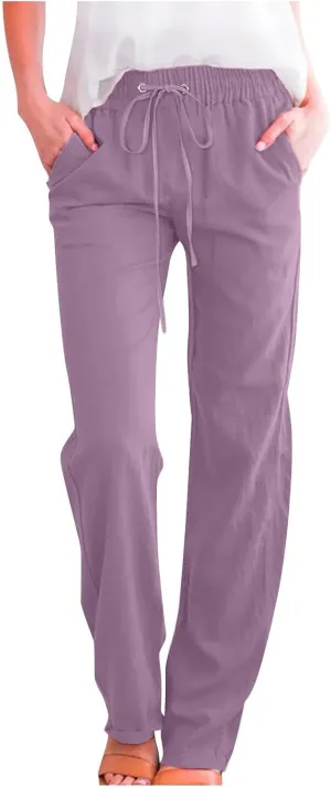 Womens Linen Pants Comfy Soft Long Pants 2025 Summer Casual Boho Pants High Waist Lounge Beach Trousers with Pockets