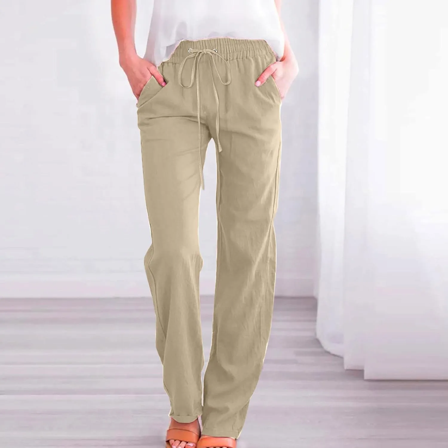 Womens Linen Pants Comfy Soft Long Pants 2025 Summer Casual Boho Pants High Waist Lounge Beach Trousers with Pockets