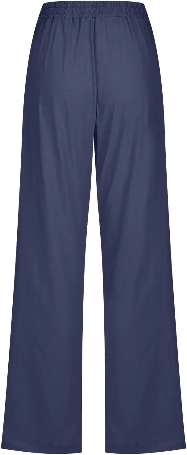Womens Linen Pants Comfy Soft Long Pants 2025 Summer Casual Boho Pants High Waist Lounge Beach Trousers with Pockets