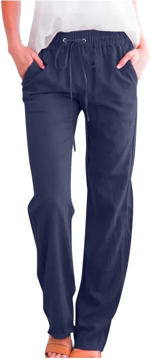 Womens Linen Pants Comfy Soft Long Pants 2025 Summer Casual Boho Pants High Waist Lounge Beach Trousers with Pockets