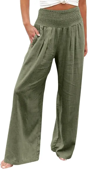 Womens Linen Pants Linen Wide Leg Pants Solid Casual High Waist Women's Summer Linen Pants Casual Loose Cozy Sweatpants