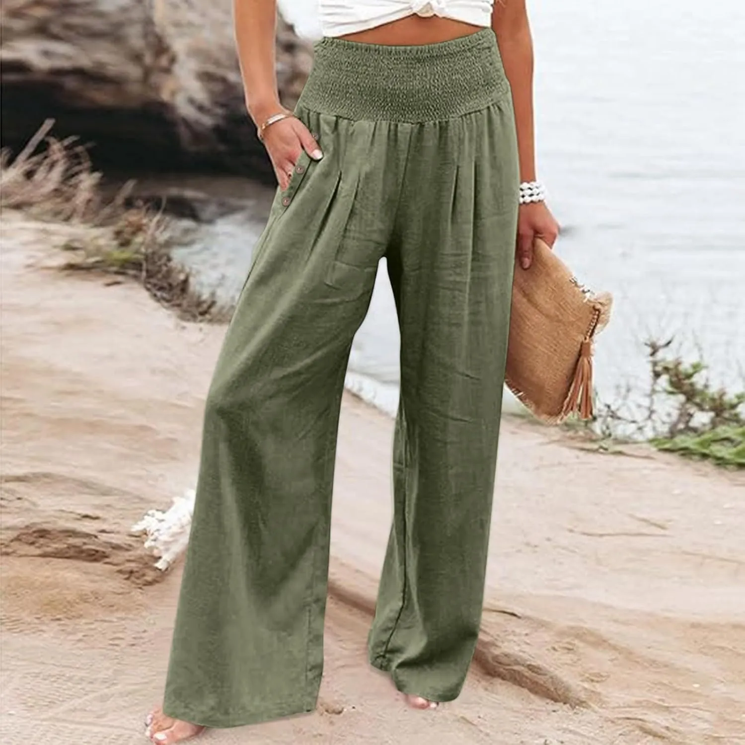 Womens Linen Pants Linen Wide Leg Pants Solid Casual High Waist Women's Summer Linen Pants Casual Loose Cozy Sweatpants