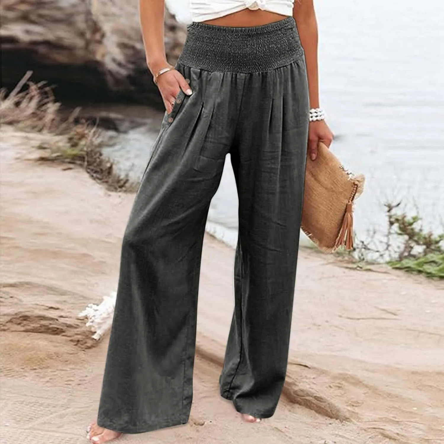Womens Linen Pants Linen Wide Leg Pants Solid Casual High Waist Women's Summer Linen Pants Casual Loose Cozy Sweatpants
