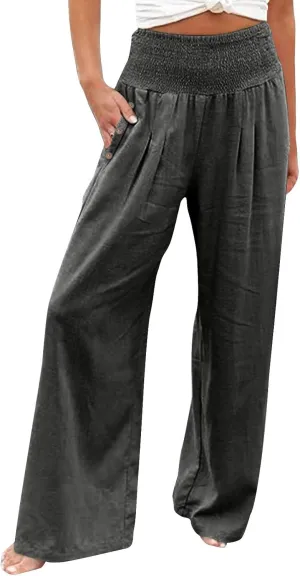 Womens Linen Pants Linen Wide Leg Pants Solid Casual High Waist Women's Summer Linen Pants Casual Loose Cozy Sweatpants