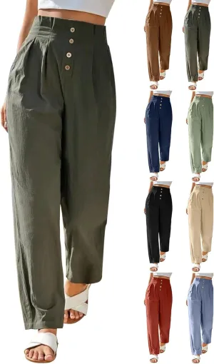 Womens Linen Pants Summer High Waisted Work Pants Trousers Lightweight Paperbag Elastic Waist Pants with Pockets