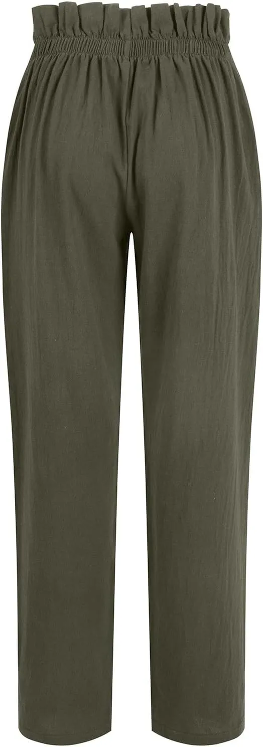 Womens Linen Pants Summer High Waisted Work Pants Trousers Lightweight Paperbag Elastic Waist Pants with Pockets