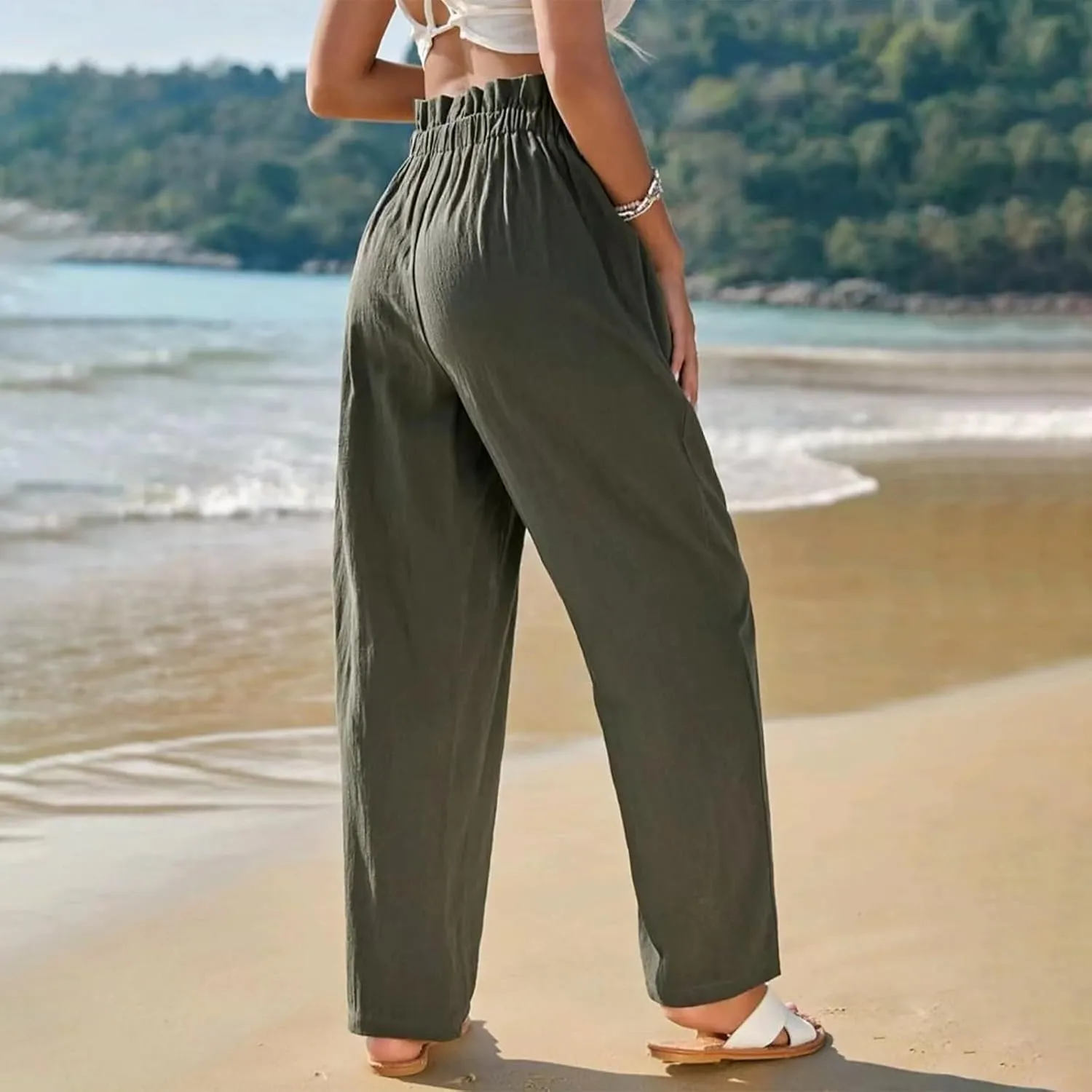 Womens Linen Pants Summer High Waisted Work Pants Trousers Lightweight Paperbag Elastic Waist Pants with Pockets