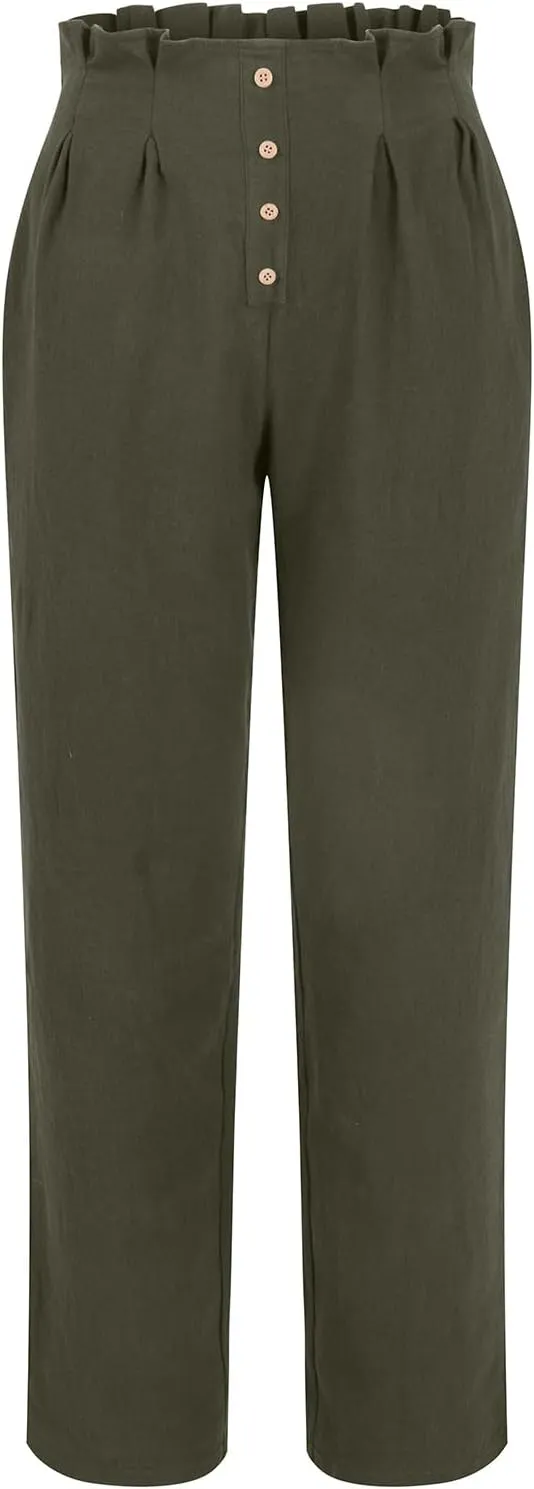 Womens Linen Pants Summer High Waisted Work Pants Trousers Lightweight Paperbag Elastic Waist Pants with Pockets