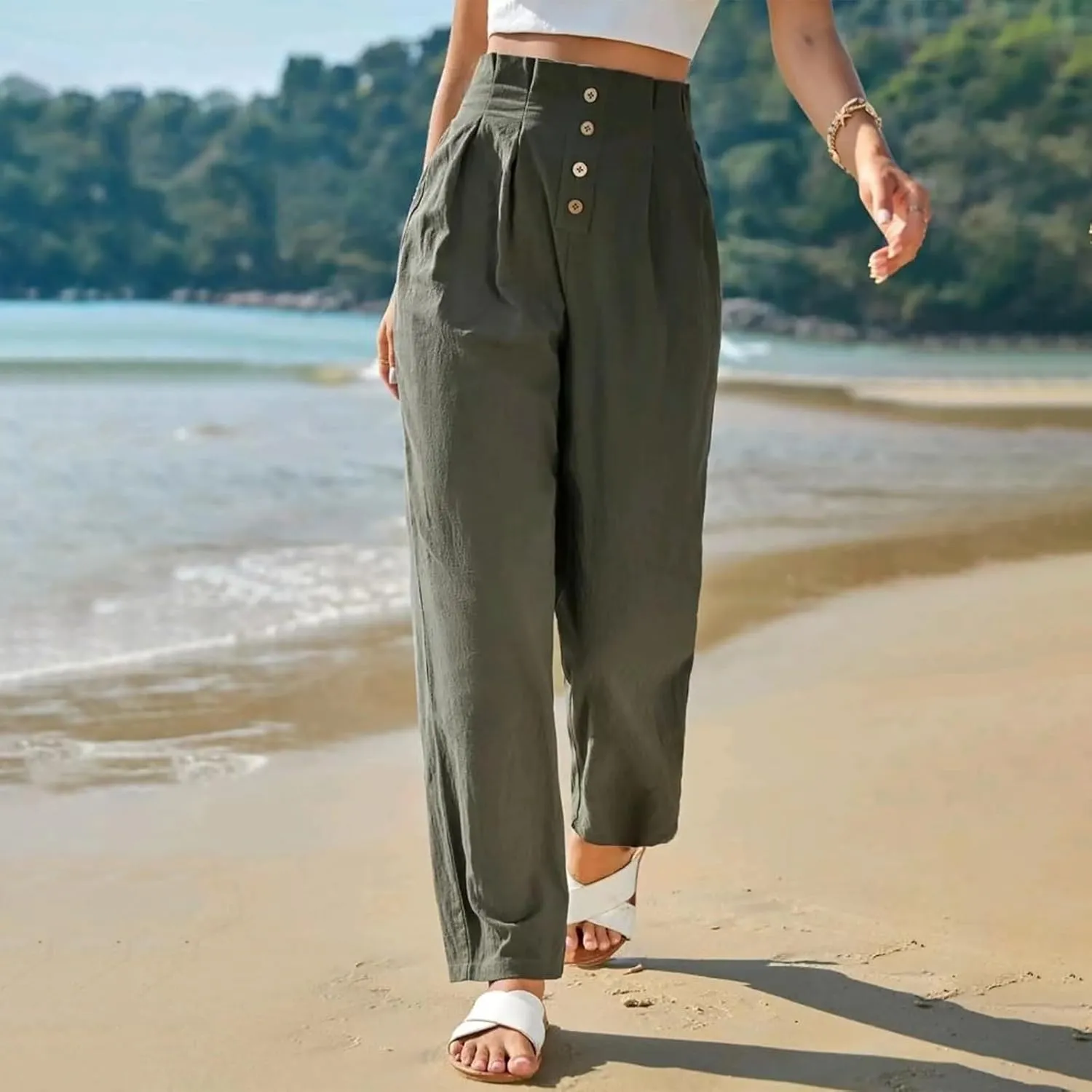 Womens Linen Pants Summer High Waisted Work Pants Trousers Lightweight Paperbag Elastic Waist Pants with Pockets