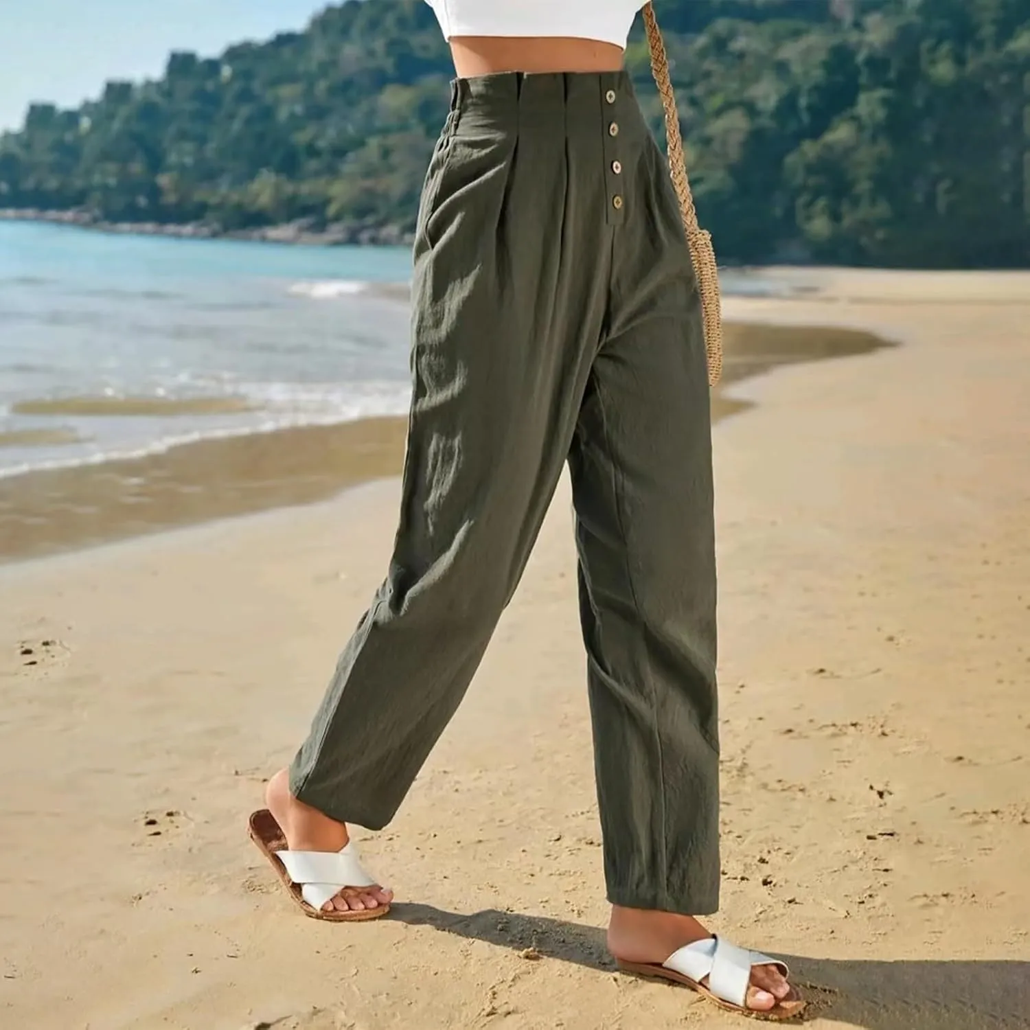 Womens Linen Pants Summer High Waisted Work Pants Trousers Lightweight Paperbag Elastic Waist Pants with Pockets