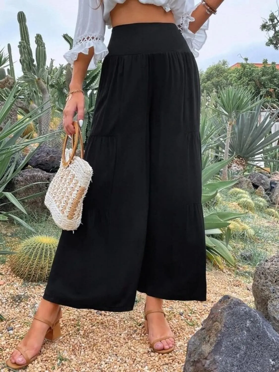 Women's Linen Summer Palazzo Pants Flowy Wide Leg Elastic High Waisted Pants Boho Loose Lounge Beach Soft Trousers