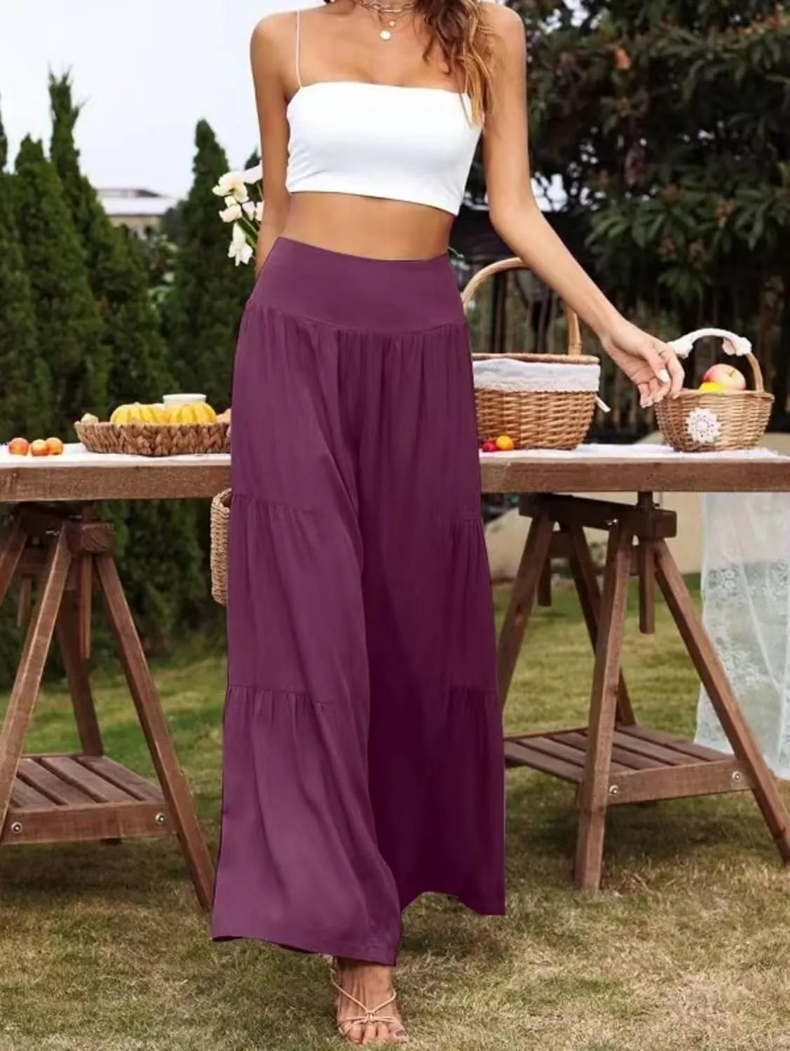 Women's Linen Summer Palazzo Pants Flowy Wide Leg Elastic High Waisted Pants Boho Loose Lounge Beach Soft Trousers