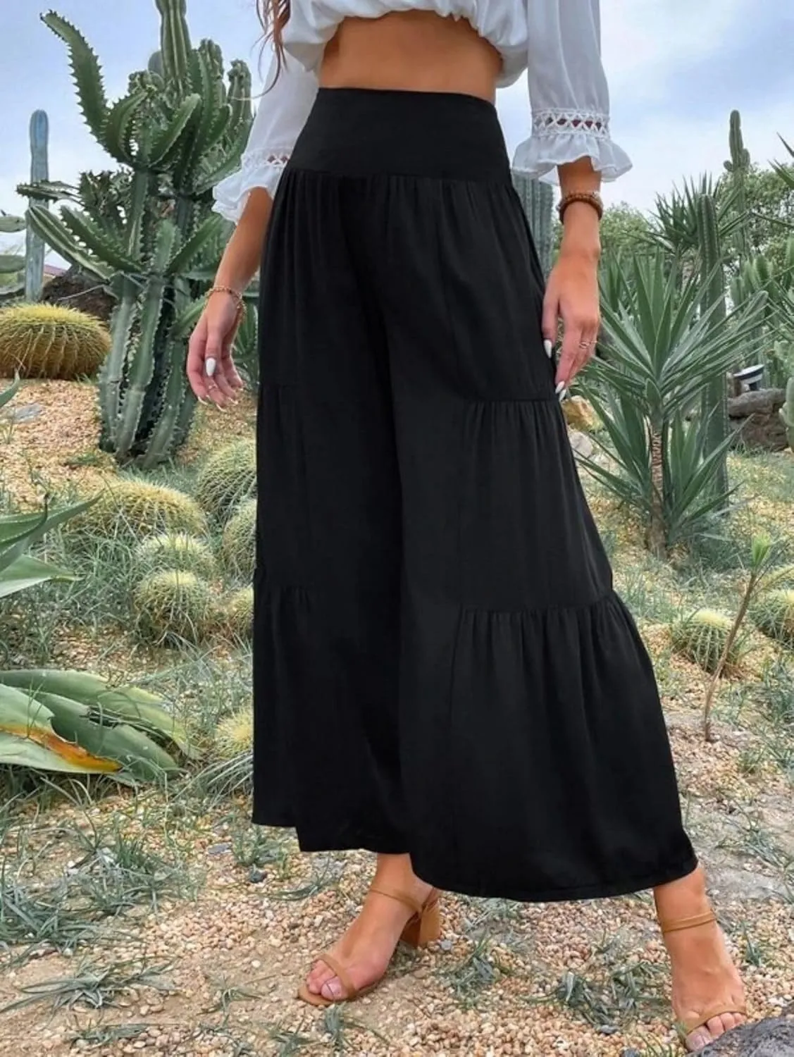 Women's Linen Summer Palazzo Pants Flowy Wide Leg Elastic High Waisted Pants Boho Loose Lounge Beach Soft Trousers