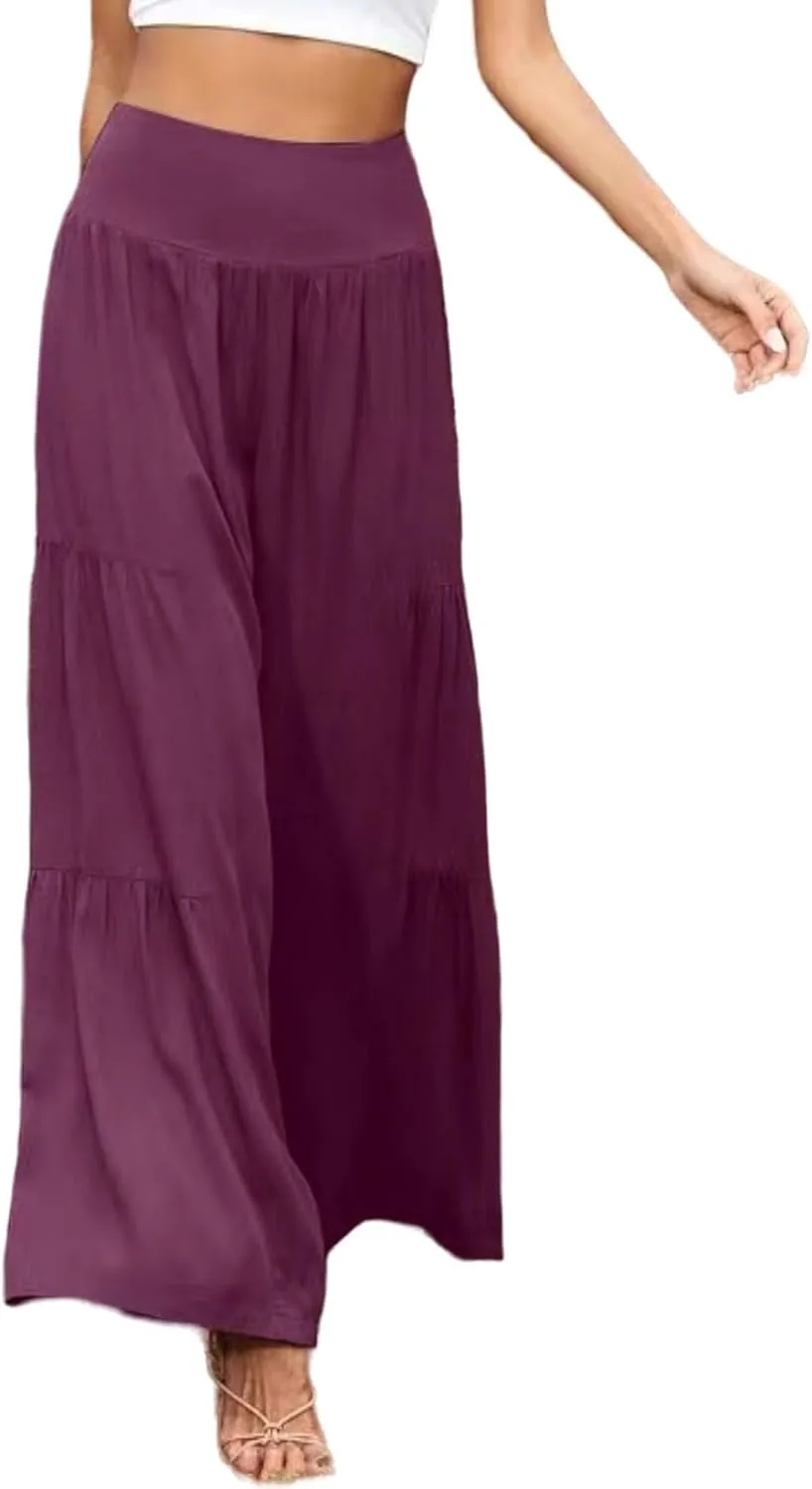 Women's Linen Summer Palazzo Pants Flowy Wide Leg Elastic High Waisted Pants Boho Loose Lounge Beach Soft Trousers