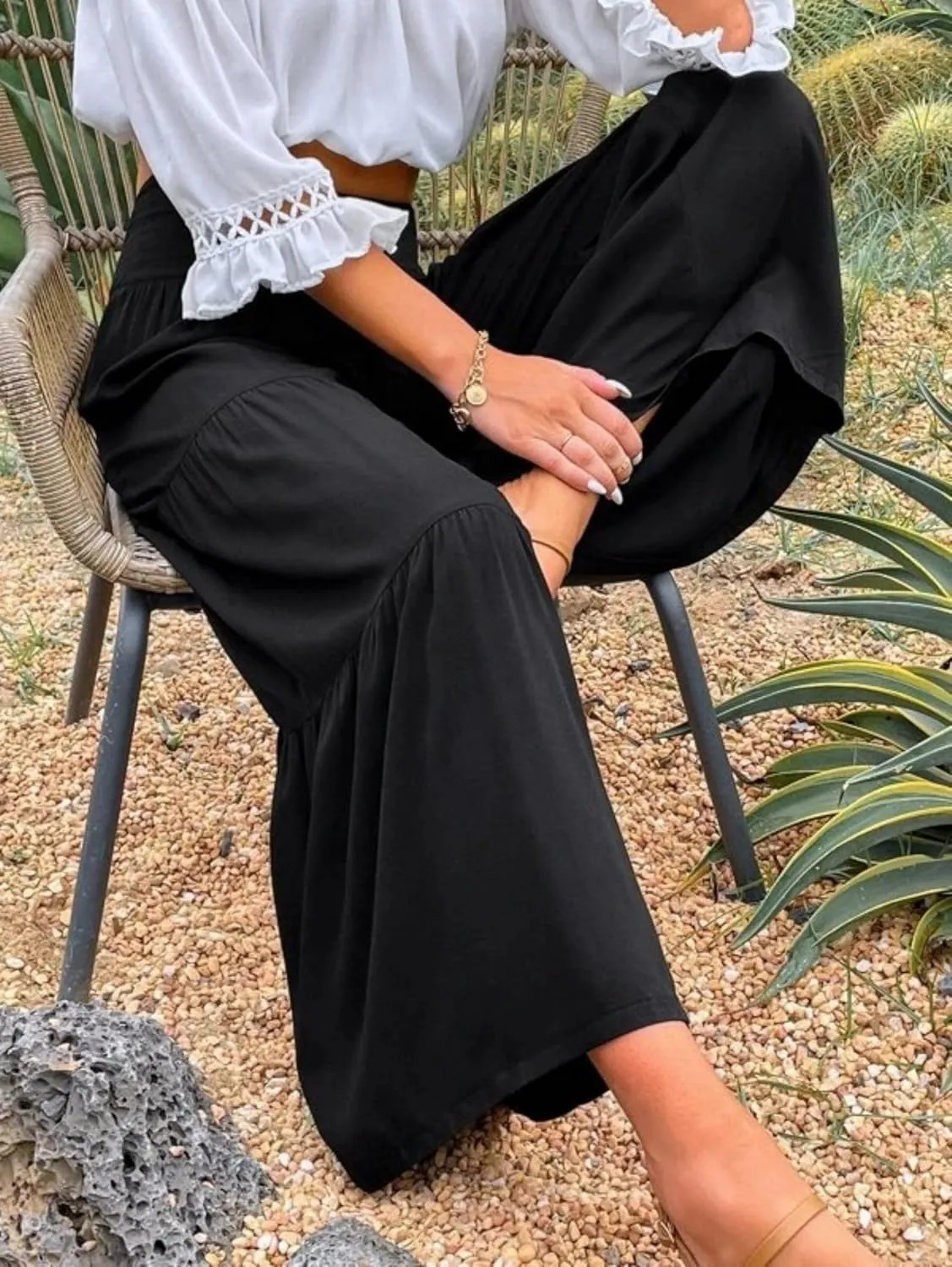 Women's Linen Summer Palazzo Pants Flowy Wide Leg Elastic High Waisted Pants Boho Loose Lounge Beach Soft Trousers