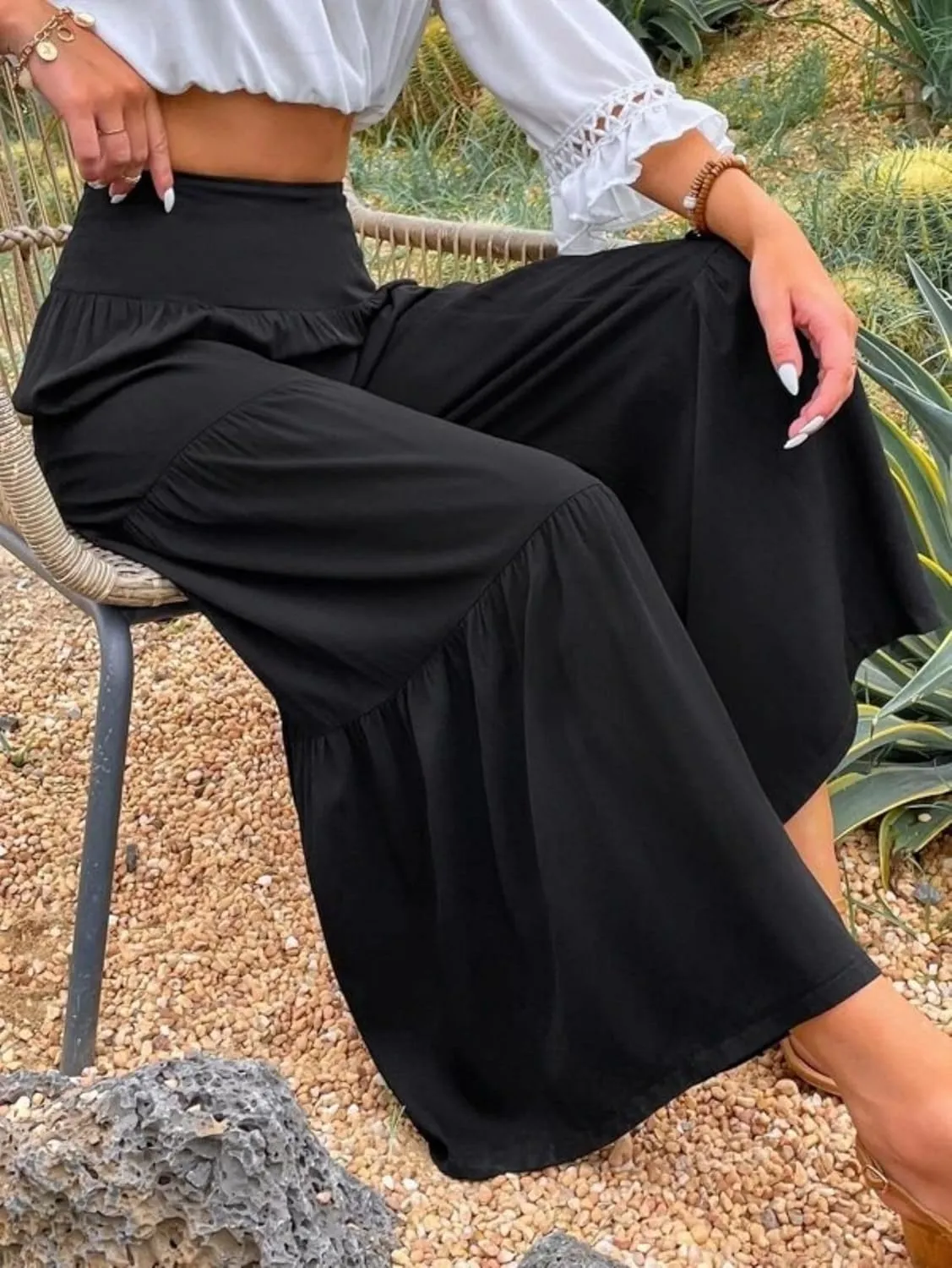 Women's Linen Summer Palazzo Pants Flowy Wide Leg Elastic High Waisted Pants Boho Loose Lounge Beach Soft Trousers