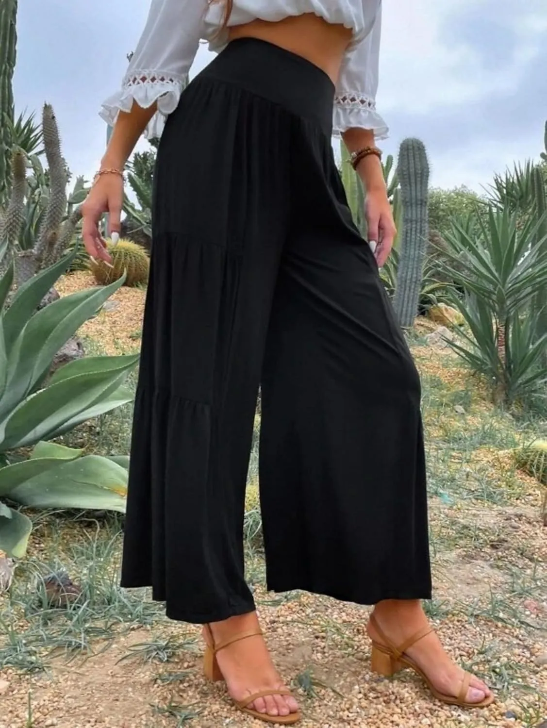 Women's Linen Summer Palazzo Pants Flowy Wide Leg Elastic High Waisted Pants Boho Loose Lounge Beach Soft Trousers